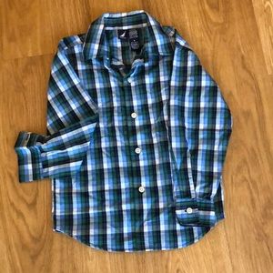 Nautica button up blue green white navy plaid shirt long sleeves sz 4 T